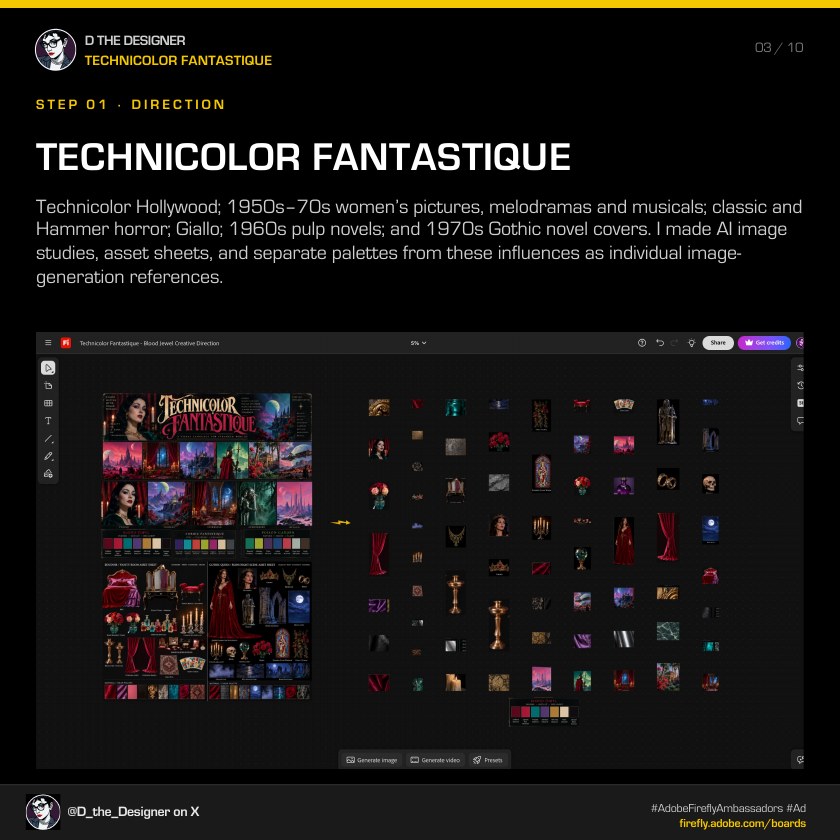The Technicolor Fantastique board with visual references, original studies, materials, and color palettes.