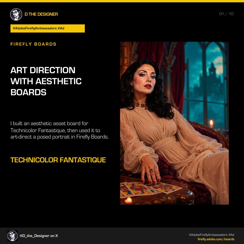 A seated woman in a pale gown, the final portrait art-directed from a Technicolor Fantastique mood board.