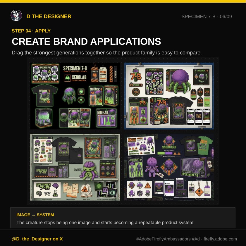 A Firefly Boards comparison of packaging, apparel, toys, labels, and social applications for Specimen 7-B.