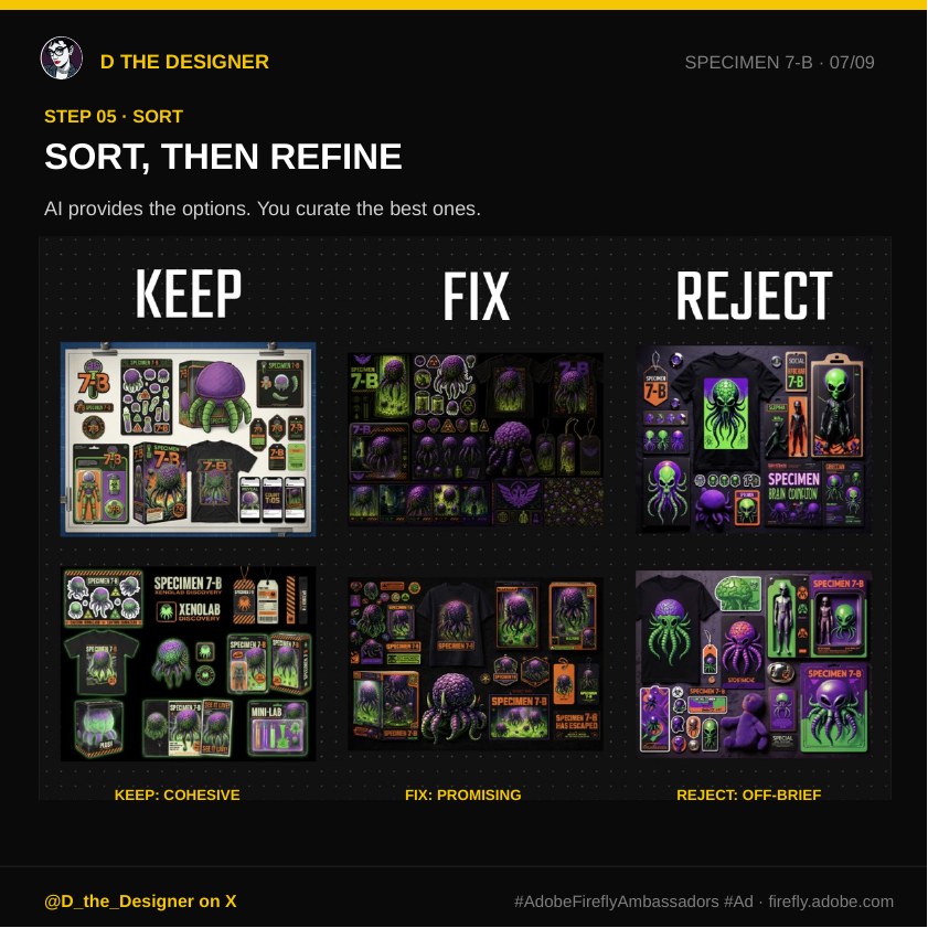 Keep, Fix, and Reject boards used to curate the Specimen 7-B outputs.