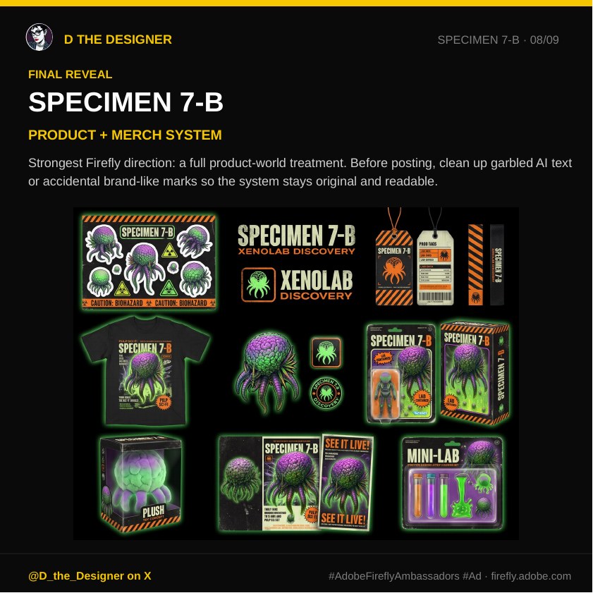 The Specimen 7-B product and merchandise system, including packaging, apparel, toys, and labels.