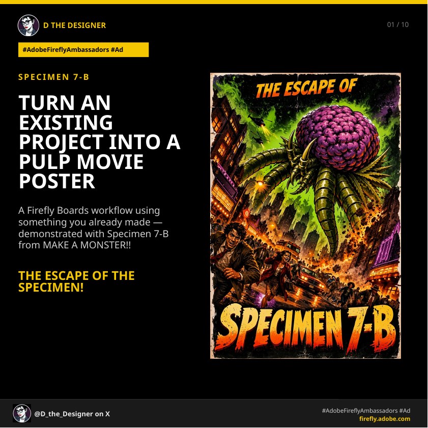 The Escape of the Specimen! pulp monster-movie poster featuring Specimen 7-B above a city.