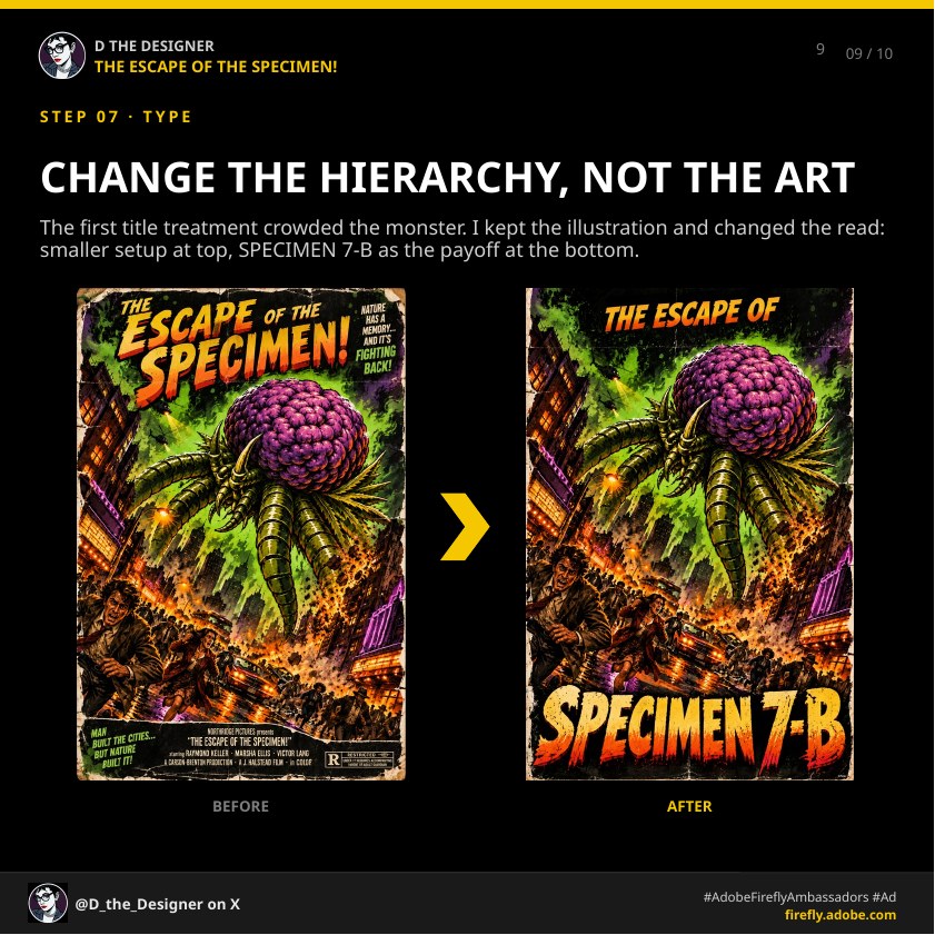 Before-and-after comparison of the poster's type hierarchy and image composition.